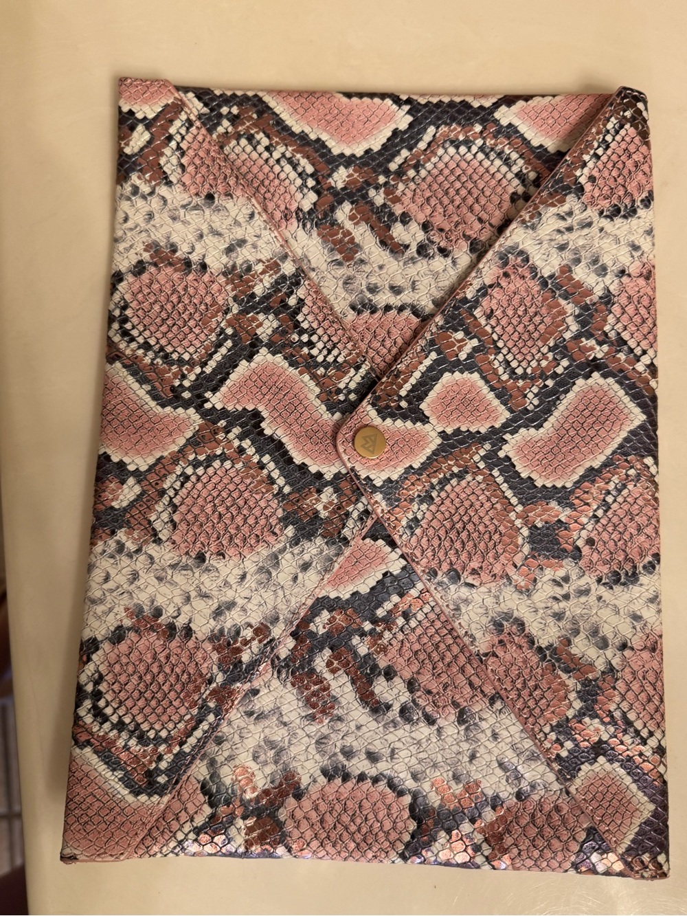 Pink Snake-Print Envelope Clutch with Snap